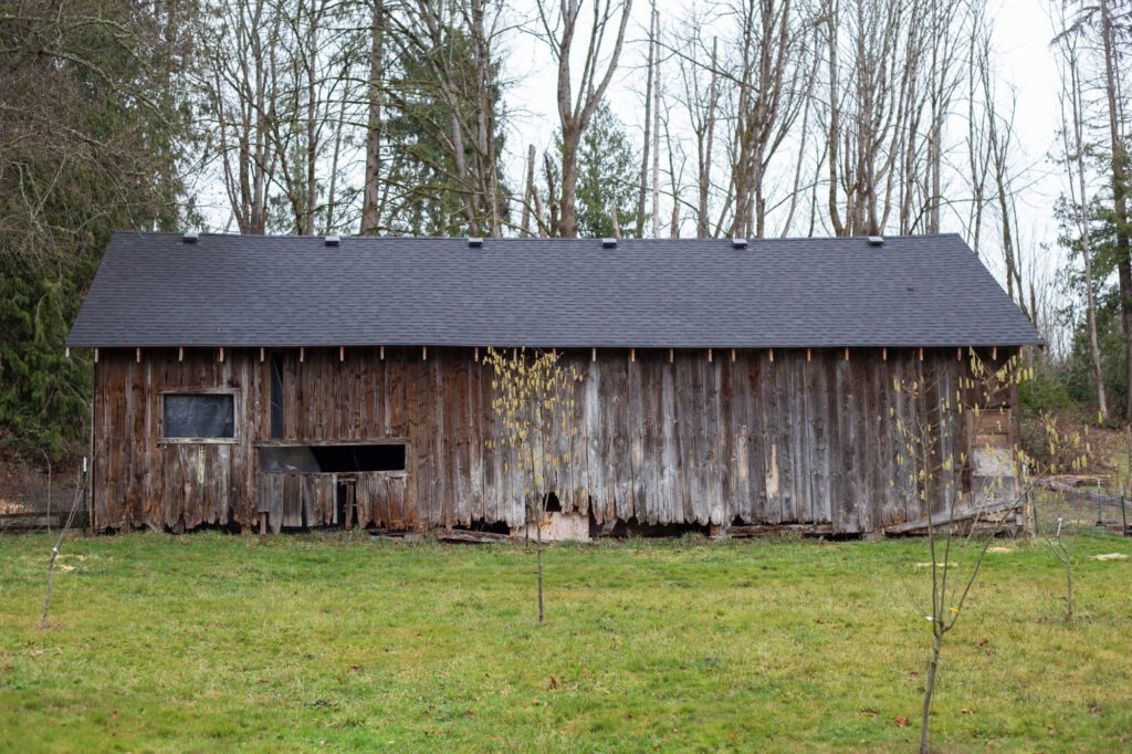Picture of our dilapidated barn with rotted siding.