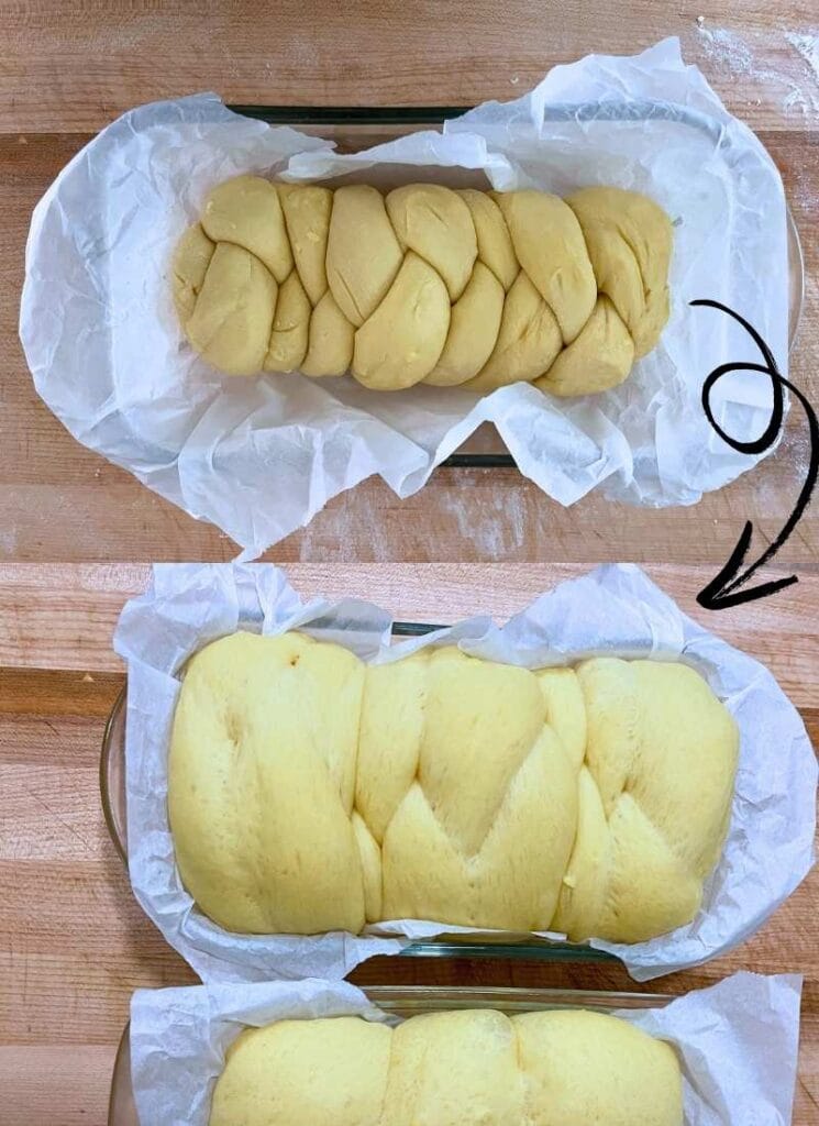 Before and after photo of braided brioche loaf rising in loaf plan