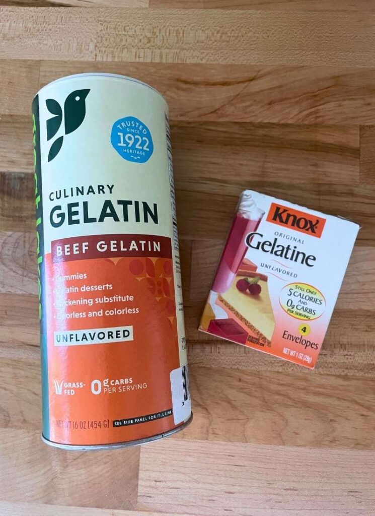 A top-down image of Great Lakes bulk gelatin and a small box of Knox gelatin packets.