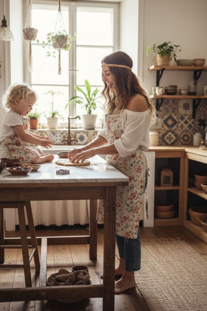 Mom and toddler making cookies in the kitchen and all smiles.